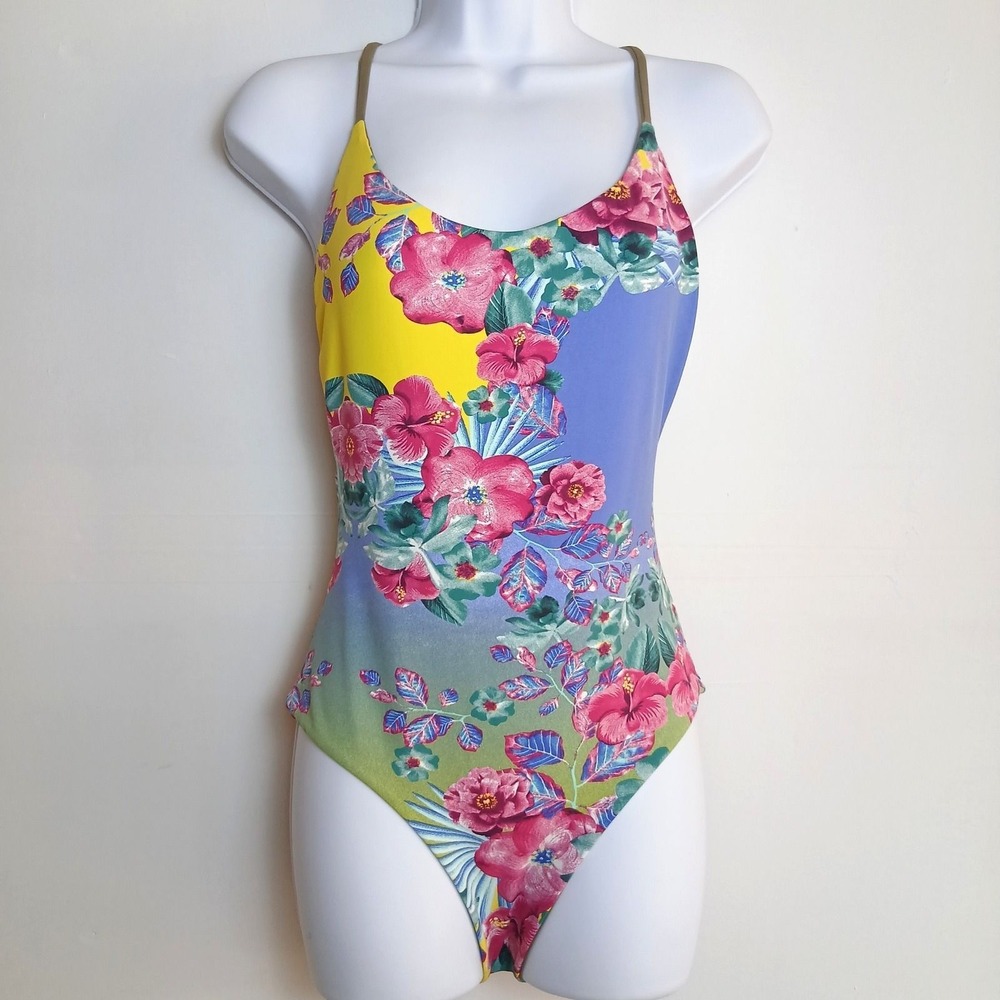 San Lorenzo Tropical Hibiscus Floral One Piece Swimsuit Open Cross Back Small